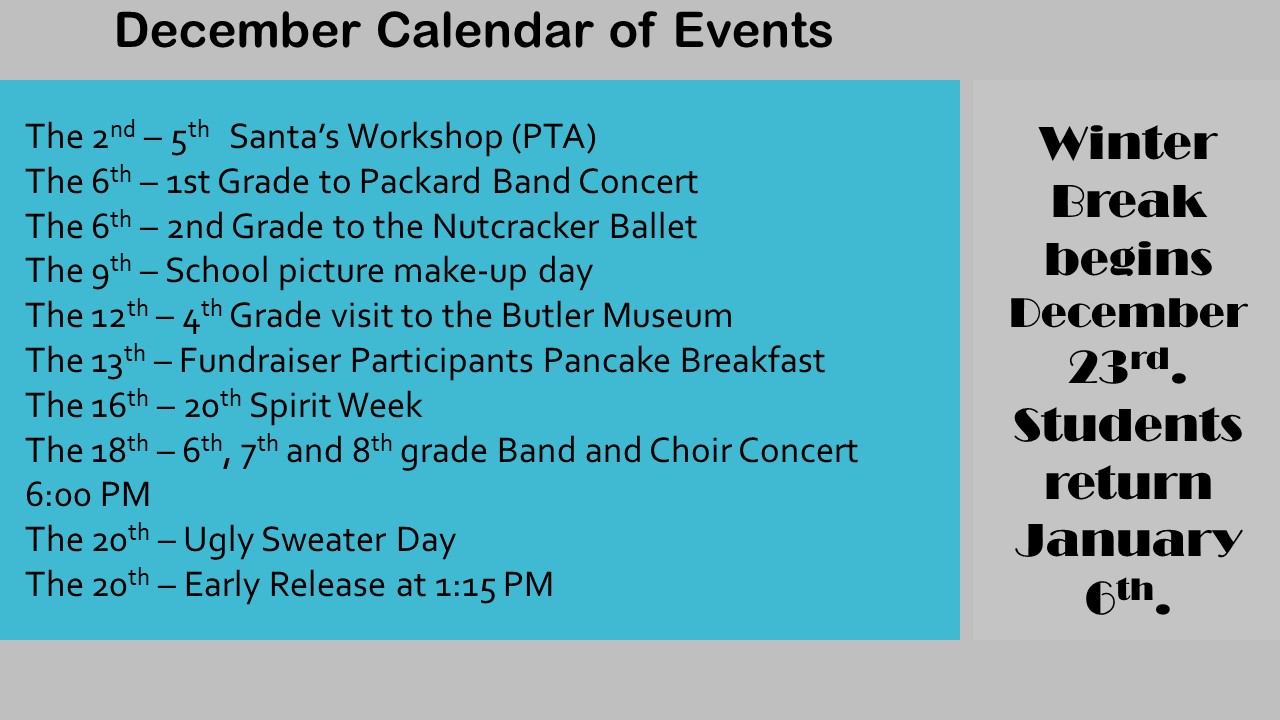 December’s Calendar of Events
