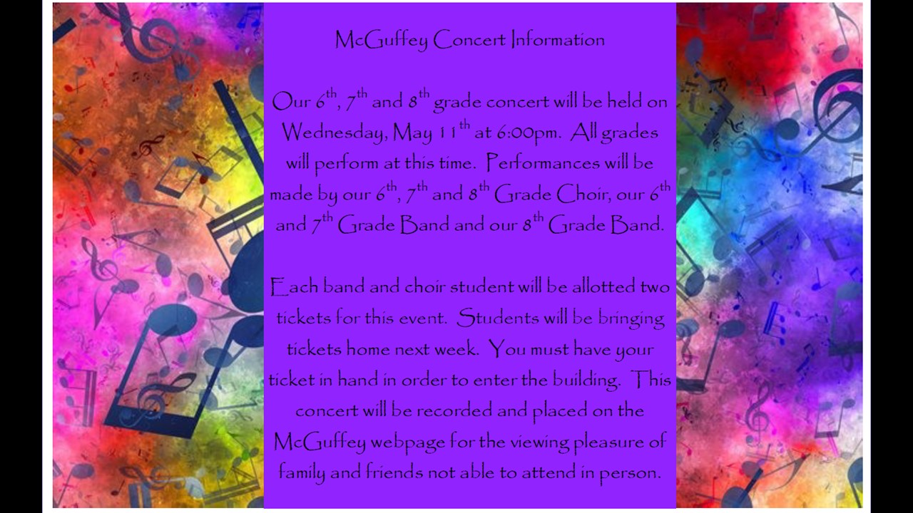 Middle School Choir and Band Concert, May 11 at 6:00 PM