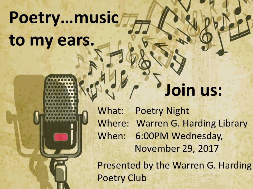 Poetry Club event announcement: WGH Library on November 29, 2017 at 6:00PM