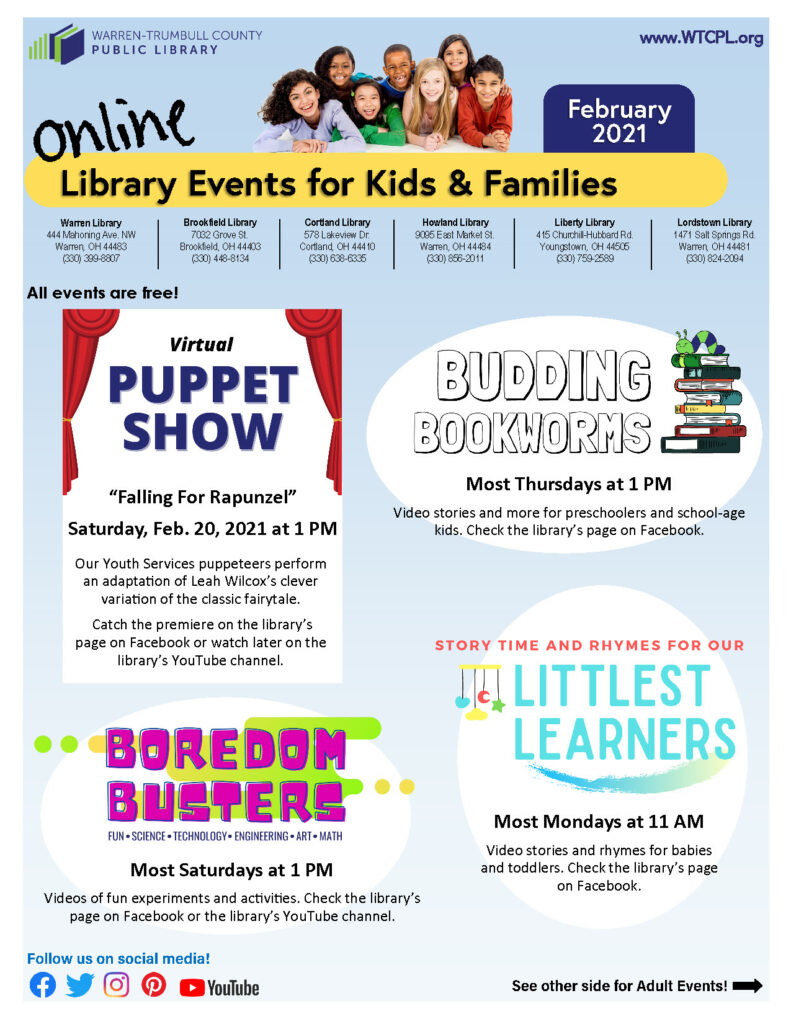 Warren-Trumbull County Public Library's February Online Events Flyer, Pg. 1. Click to read more.