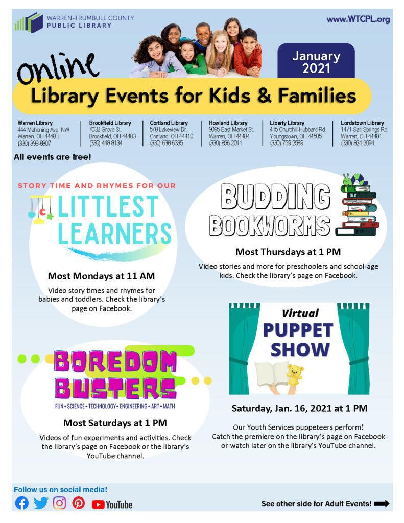 Warren-Trumbull County Public Library's February Online Events Flyer, Pg. 1. Click to read more.