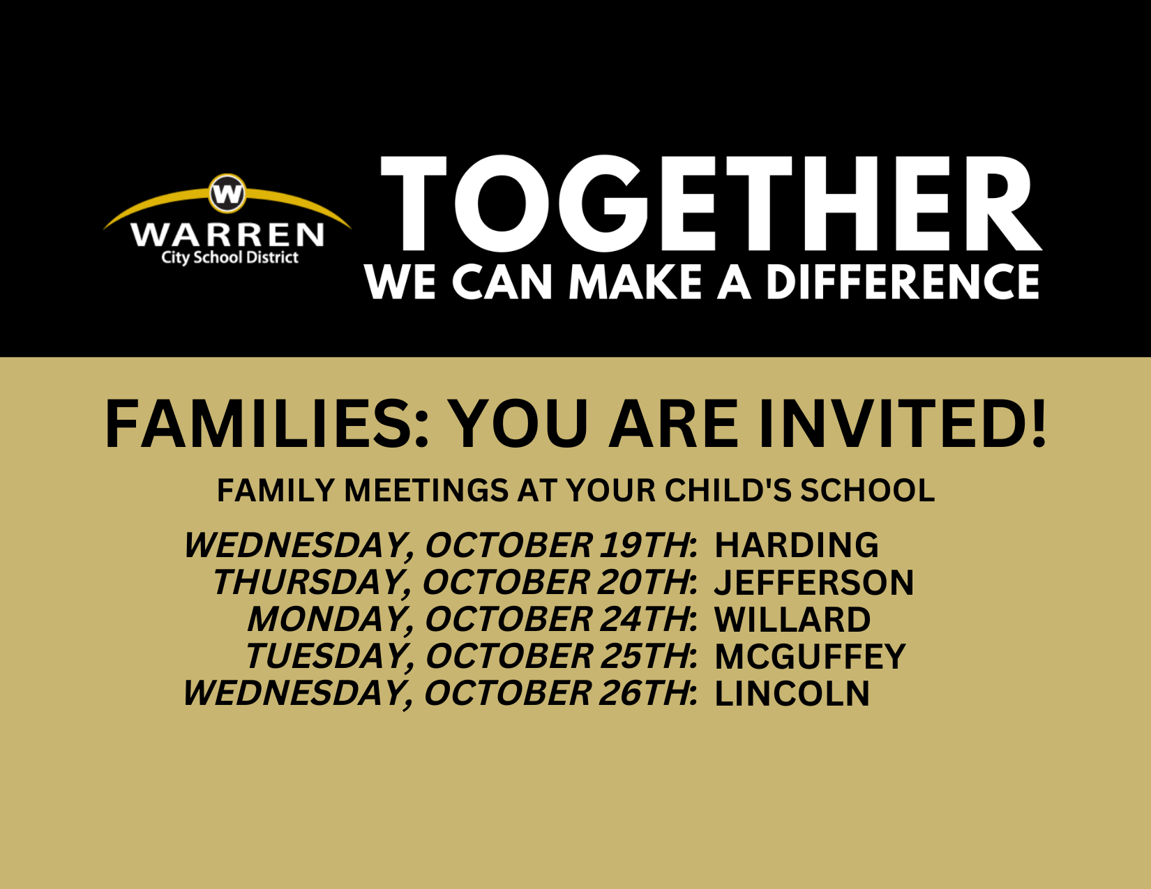 All WCS SCHOOLS TO HOST FAMILY MEETINGS IN OCTOBER: Morning & Evening Sessions